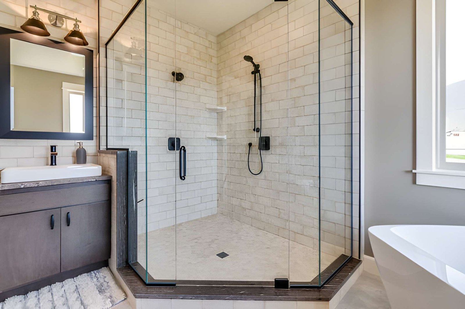 Tile walk in shower after a shower remodel in Victor